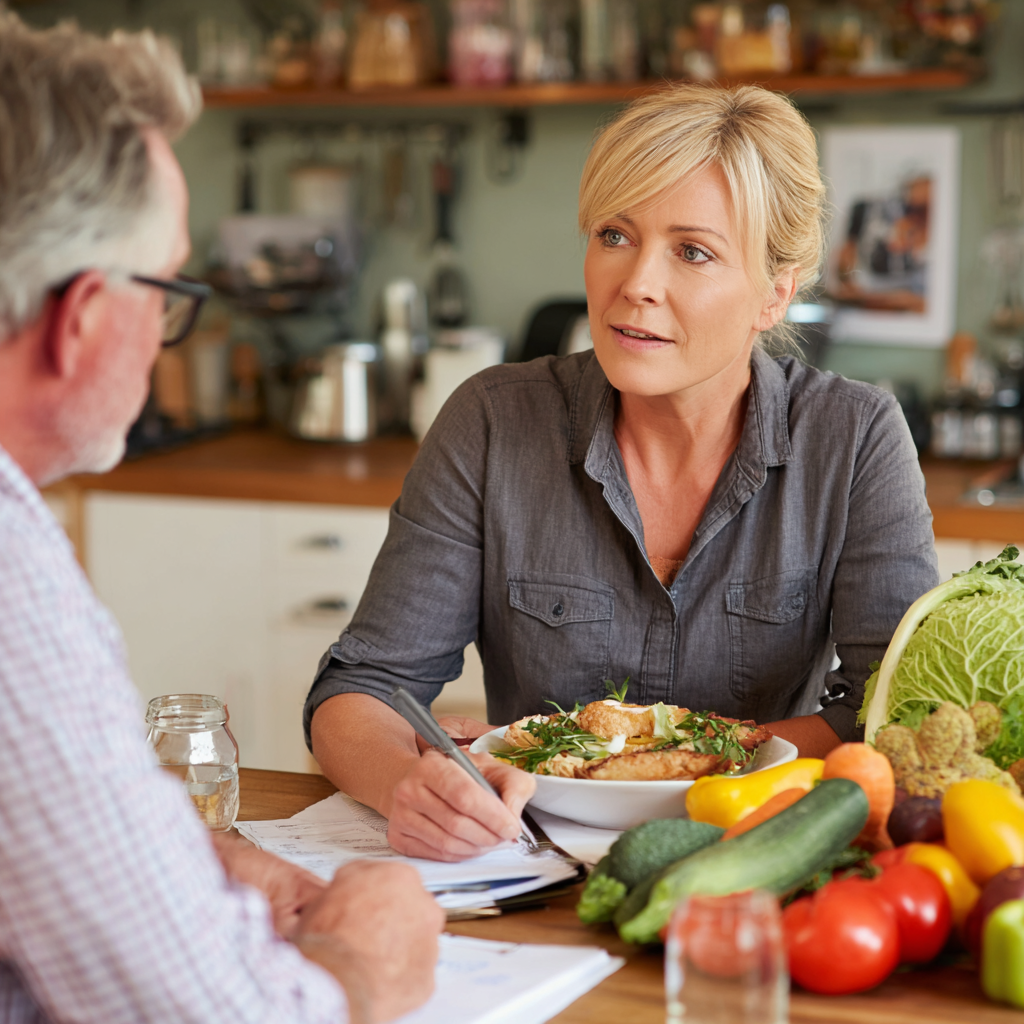 Middle-aged nutritionist consulting with client about healthy meal planning