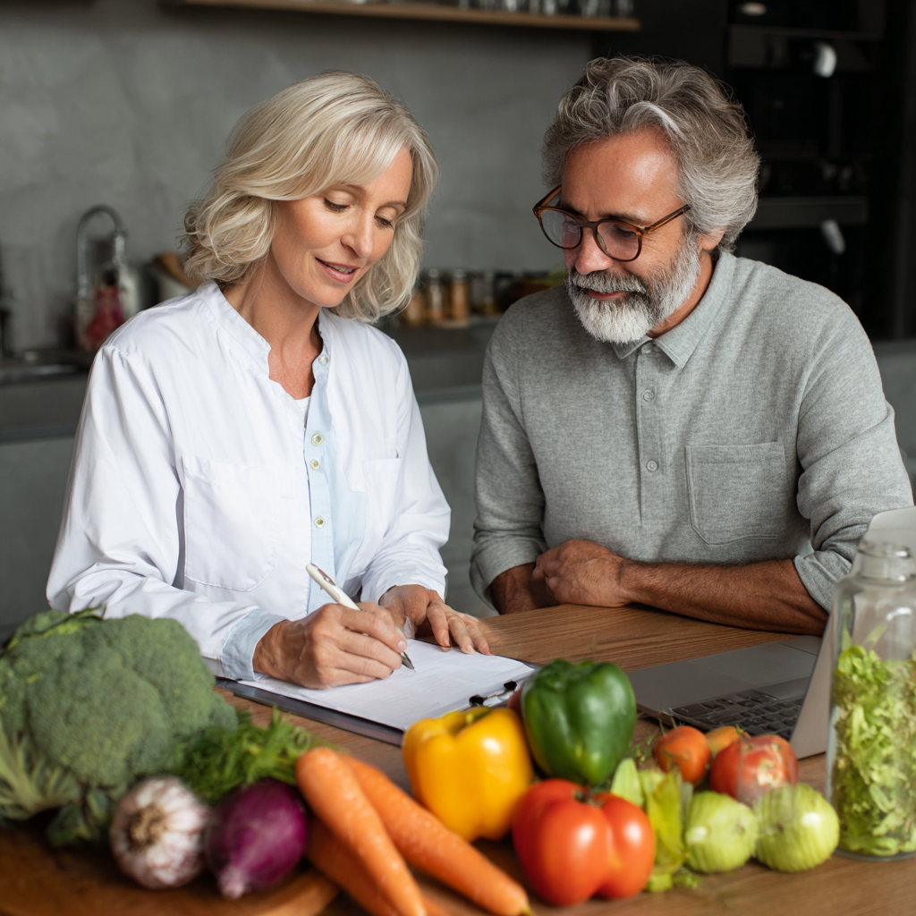 Professional nutritionist working with mature client discussing personalized meal planning strategies